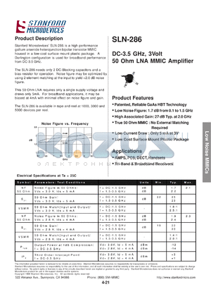 SLN-386 datasheet - DC-2.5 GHz, 50 ohm LNA MMIC amplifier