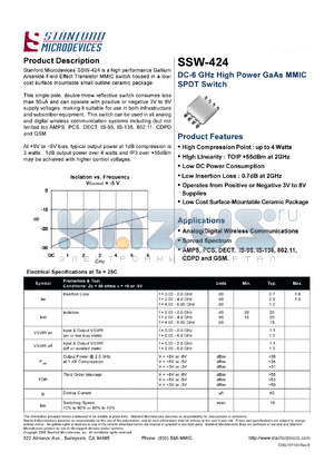 SSW-424 datasheet - DC - 6 GHz high power GaAs MMIC SPDT switch.