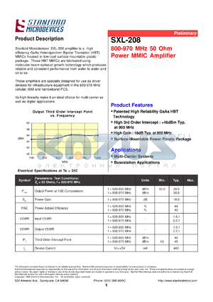 SXL-208-TR1 datasheet - 800-970 MHz, 50 Ohm power MMIC amplifier. High 3rd order intercept: +46dBm typ. at 900 MHz. Devices per reel 500. Reel size 7