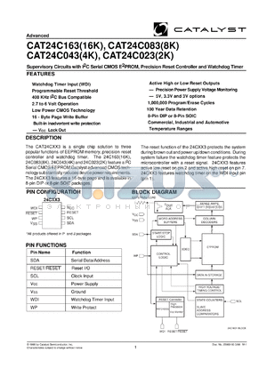 CAT24C023PI-25TE13 datasheet - 2K 2.55-2.7V Supervisory circuits with IIC serial CMOS EEPROM, precision reset controller and watchdog timer