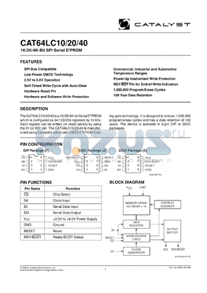 CAT64LC10S-TE13 datasheet - 1K-bit  SPI serial EEPROM