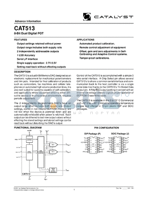 CAT513PI-TE13 datasheet - 8-bit dual digital POT