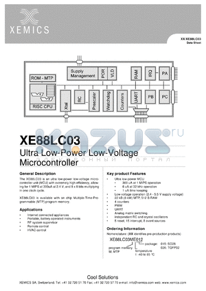 XE88LC03ME026 datasheet - Ultra low-power low-voltage microcontroller