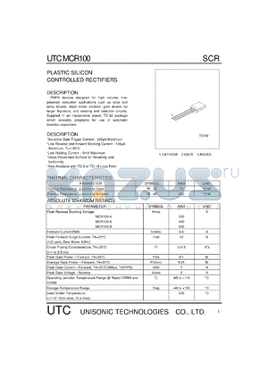 UTCMCR100-6 datasheet - 400V Plastic silicon controlled rectifier