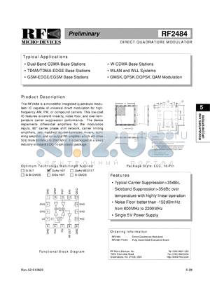 RF2484PCBA datasheet - Direct quadrature modulator