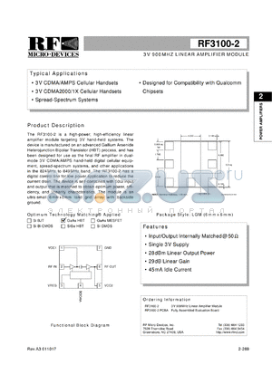 RF3100-2PCBA datasheet - 3V 900MHz linear amplifier module