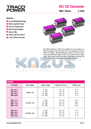 TEM2-0511 datasheet - 2 Watt,  input voltage range:5V, output voltage 5V (400mA) DC/DC converter