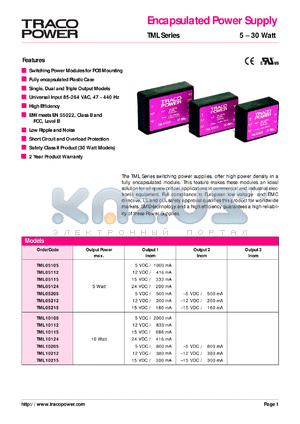 TML15205 datasheet - 15 Watt, input voltage range: 85-264V, output voltage +/-5V (+/-1500mA), encapsulated power supply