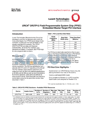 OR3TP12-6PS240 datasheet - ORCA feild-programmable system chip embedded master/target PCI interface. 3.3 V. 32-bit, 33/66 MHz PCI bus interface. Array size 14 x 18.