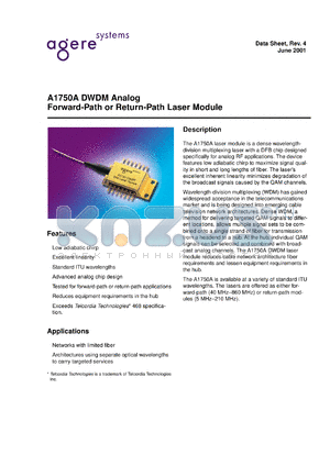 A1750A21FFSC06 datasheet - DWDM analog forward-path(40MHz-860MHz) module. Connector SC/APC. Optical power 6 mW.