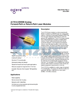 A1751A21FFSC06 datasheet - DWDM analog forward-path(40MHz-860MHz) module. Connector SC/APC standard. Optical power 6 mW.