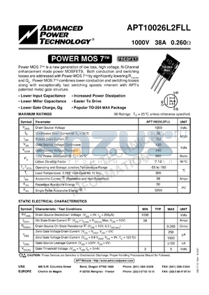 APT10026L2FL datasheet - 1000V, 38A power MOS 7 transistor