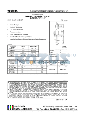 TLOE16T datasheet - TOSHIBA LED lamp. Color orange. Typ. emission wavelength 612 nm. Luminous intensity(mcd): 850(min),2000(typ).