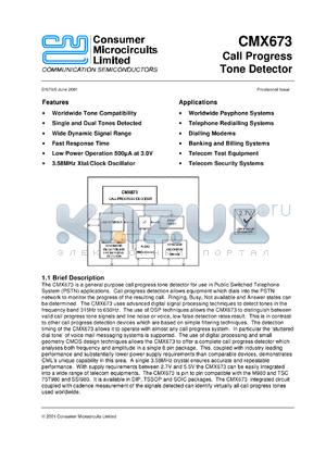 CMX673E3 datasheet - Call progress tone detector