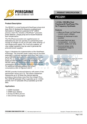 PE3291-11 datasheet - 1.2 GHz / 550 MHz dual fractional-N flexiPower PLL for frequency synthesis