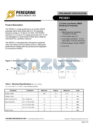 PE3501-21 datasheet - 3.5 GHz low power CMOS divide-by-2 prescaler
