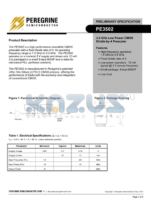 PE3502-22 datasheet - 3.5 GHz low power CMOS divide-by-4 prescaler