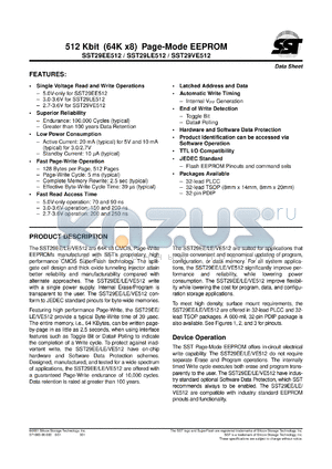 SST29EE512-70-4C-N datasheet - 512 Kbit (64K x 8) page-mode EEPROM