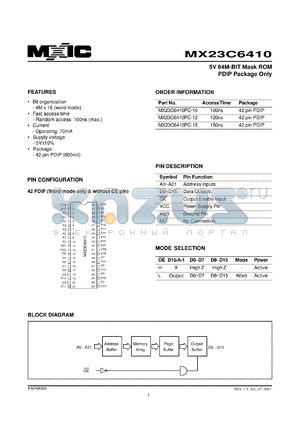 MX23C6410PC-10 datasheet - Access time: 100; 5V, 64-Mbit mask ROM