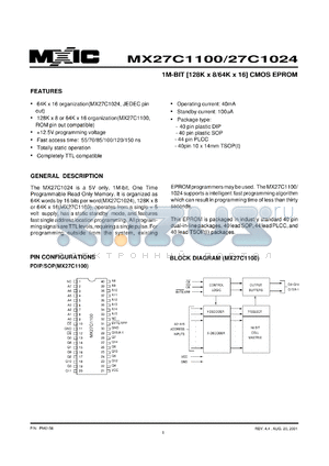 MX27C1024TI-85 datasheet - Access time: 85; 1-Mbit (128K x 8/64K x 16) CMOS EPROM