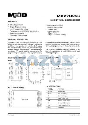 MX27C256PI-120 datasheet - Access time: 120; 256K-bit (32K x 8) CMOS EPROM