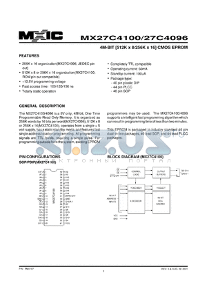 MX27C4100MI-10 datasheet - Access time: 100ns; 4M-bit (512K x 8/256 x 16) CMOS EPROM