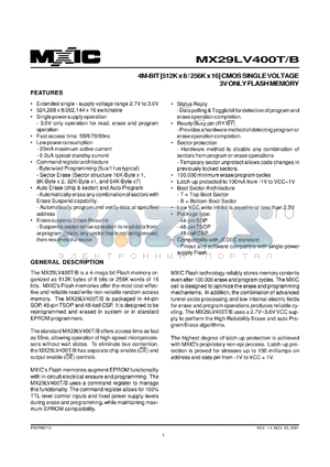 MX29LV400TMC-55 datasheet - Access time: 55ns; 4M-bit (512K x 8/256K x 16) CMOS single voltage 3V only flash memory