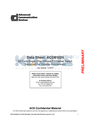 ACD81024 datasheet - 24 ports single chip 10Base-T ethernet switch designed for desktop environment.