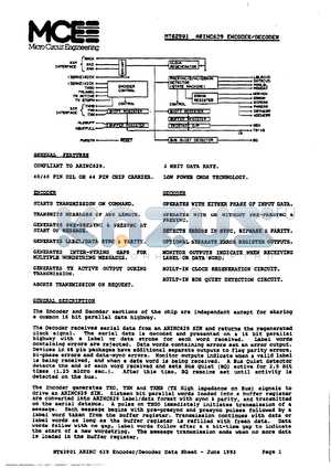 MT62901KZ9 datasheet - ARINC 629 encoder/decoder