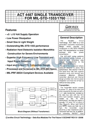 ACT4487-FI datasheet - Single transceiver for MIL-STD-1553/1760. Rx standby normally high.