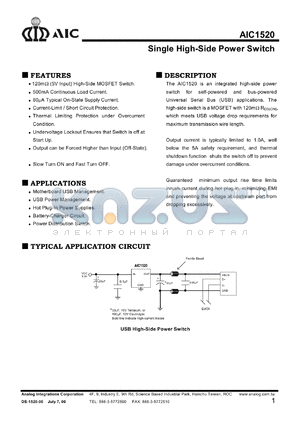 AIC1520-CZ datasheet - Supply voltage: 7.0V; single high-side power switch