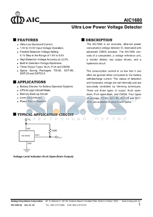 AIC1680C60CV datasheet - Ultra low power voltage detector