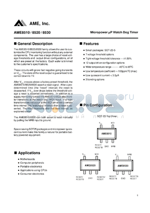 AME8520AEEVCFX29 datasheet - Threshold voltage: 2.93V; micropower uP watch dog timer