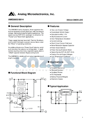 AME8814FEEY datasheet - Output voltage: 3.6V; 300mA CMOS LDO