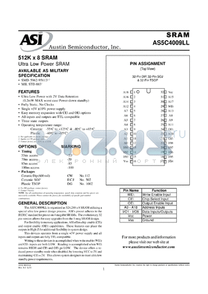 AS5C4009LLCW-55/XT datasheet - 512K x 8 SRAM - ultra low power