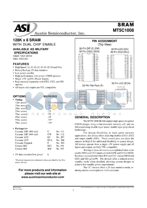 MT5C1008F-45L/IT datasheet - 128K x 8 SRAM with dual chip enable