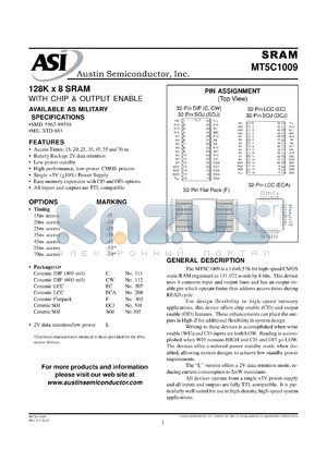 MT5C1009C-15L/883C datasheet - 128K x 8 SRAM with chip and output enable