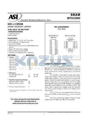 MT5C2565EC-55L/XT datasheet - 64K x 4 SRAM memory array