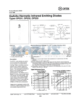 OP233 datasheet - GaAs hermetic infrared emitting diode