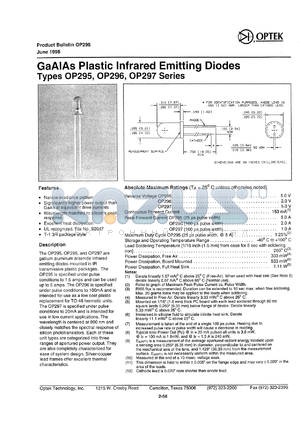 OP296A datasheet - GaAs plastic infrared emitting diode