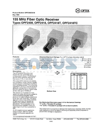 OPF2418 datasheet - 155MHz fiber optic receiver