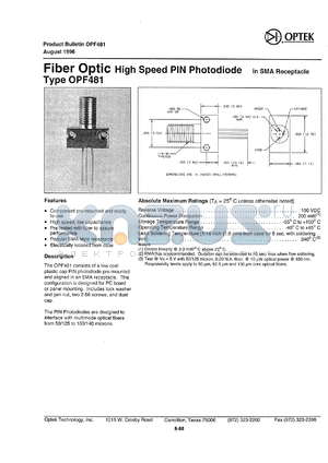 OPF481 datasheet - Fiber optic high speed PIN photodiode