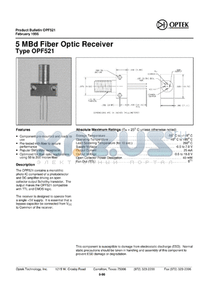 OPF521 datasheet - 5 MBd Fiber optic receiver