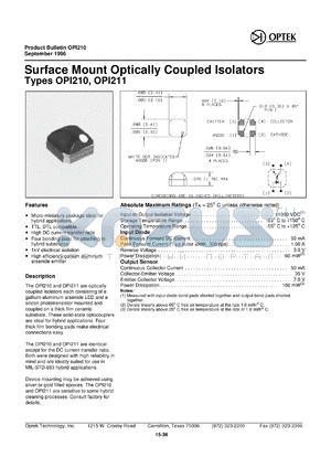 OPI210 datasheet - Surface mount optically coupled isolator