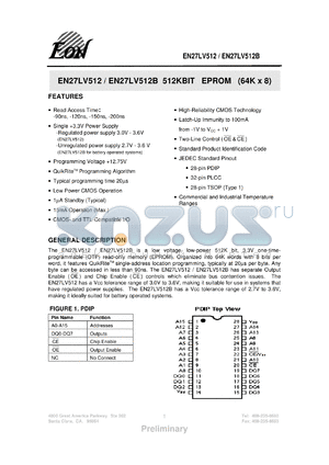 EN27LV512B120T datasheet - 512Kbit EPROM (64K x 8). Speed 120ns. Single +3.3V power supply - unregulated power supply 2.7V - 3.6V