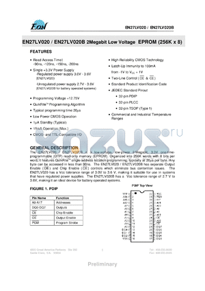 EN27LV020B90T datasheet - 2Megabit low voltage EPROM (256K x 8). Speed 90ns. Single +3.3V power supply - unreregulated power supply 2.7V - 3.6V