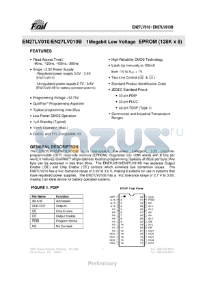 EN27LV010150P datasheet - 1Megabit low voltage EPROM (128K x 8). Speed 150ns. 3.0V to 3.6V Vcc tolerance.