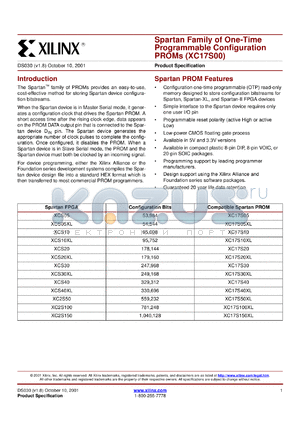 XC17S50XLSO20C datasheet - Spartan 3.3V one-time programmable configuration PROM. Configuration bits 559232.