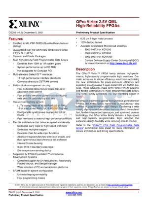 XQV1000-4BG560N datasheet - QPro Virtex 2.5V QML high-reliability FPGA. SMD number 5962-9957401NUA