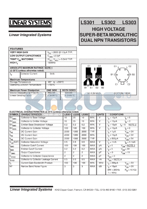 LS302 datasheet - High voltage super-beta monolithic dual NPN transistor